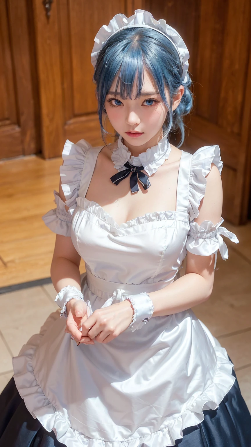 (1 Girl, English Maid, cute, Anatomically correct:1.5), Ultra-high resolution, masterpiece, Textured skin, Super detailed, Attention to detail, high quality, 最high quality, 16K, 8K, (Focus Only, alone, woman, Only 1 Girl:1.8), Large Breasts, (Maid, mini skirt, Ruffled Maid Headband, Frillsブラウス, Ribbon tie, apron, Long skirt, Puff sleeves, White silk ankle socks, Frills:1.3), (Blue Hair, Bub&#39;s Haircut, Wet Hair, blue eyes :1.3), (In the bedroom at night), Cowboy Shot, (Cinematic Light), SSCI - FIとファンタジア, Complex, very beautiful and elegant, Very detailed, Digital Paint, artステーション, コンセプチュアルart, smooth sharp focus, figure, art:Tan Zi e Ayanamikodon e Alphonse Mucha e Wlop