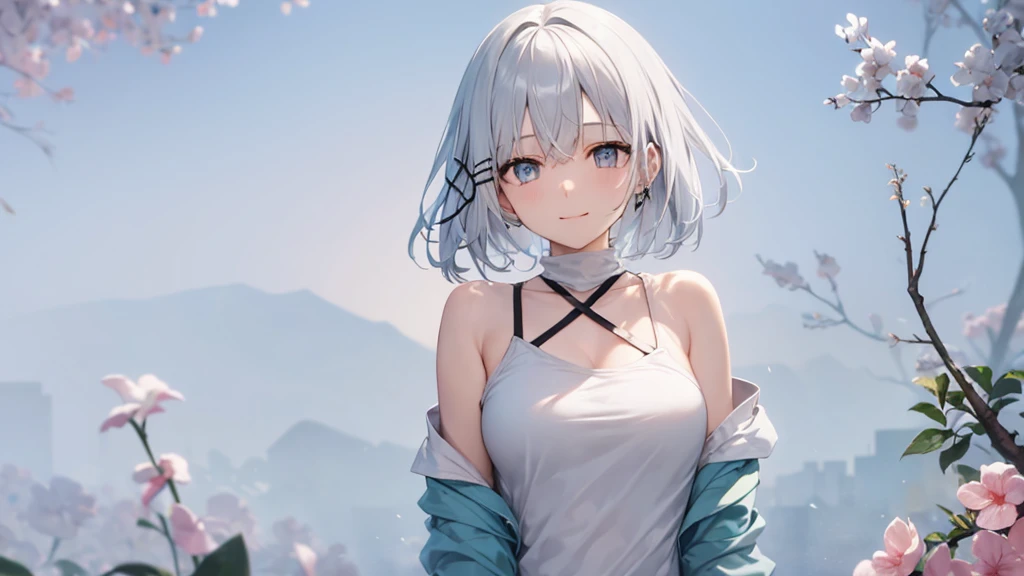 Her eyes were shining、Mysterious and enchanting atmosphere。With AI Painting、とてもShort Hair, Long bangs between the eyes, Very detailed,(masterpiece、Highest quality)、alone、Gray Hair、Fantasy, Silver Hair, Fantasyな風景、White shirt、smile、Open your mouth、Scarf、short hair、Short Hair、hairpin、black eye、Grey Eyes、Beautiful Eyes