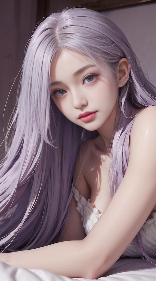 （woman lying in bed）1 woman, silver hair, hair in lines, smooth, smoothทื่อ, long hair, pink hair, tear, Long eyelashes, purple eyes, put on makeup, smile, Chapped lips, ความrealistically, truth, Surrealism, depth of field, One person&#39;s point of view, retina, table top, correct, correctตามหลักกายวิภาค, textured skin,（Rough short sweater）Float off shoulder、off shoulder tight skirt（（full body angle））、Stick out your butt.）、（Beautiful breasts,)、((sexy pose)))、(camel toe), tongue、vaginal orchid、Vaginal discharge, runny nose、The tide blows、Very beautiful breasts.、Hold your chest with both hands.、sexual excitement、 Expression、Oily skin。realistically、(kpop idols)、medium hair、(pink blush)、(shine)、(alone)、Dynamic Post、((nipples harden))、(Bags under the eyes:1.２)、 (Slender legs)、Erotic