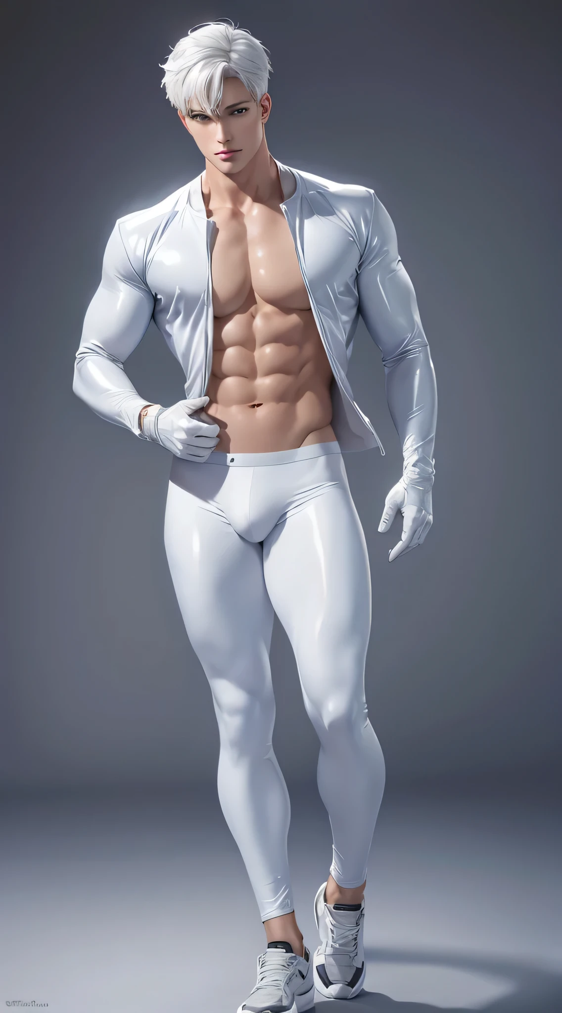 Full body realistic photography 4k, high resolution, best quality, Masterpiece, perfect color, เฉดperfect color, perfect light, Posted by e621, ((Portrait)), ((Handsome young man, Superboy)), perfect male figure, short hair details,chest muscles,abdominal muscles,Dressed in a tight white and silver spandex suit and gloves.,detailed face, perfect face, (stand up), Detailed background, ((Bonifasco Lighting)), (delicate eyes),),white hair