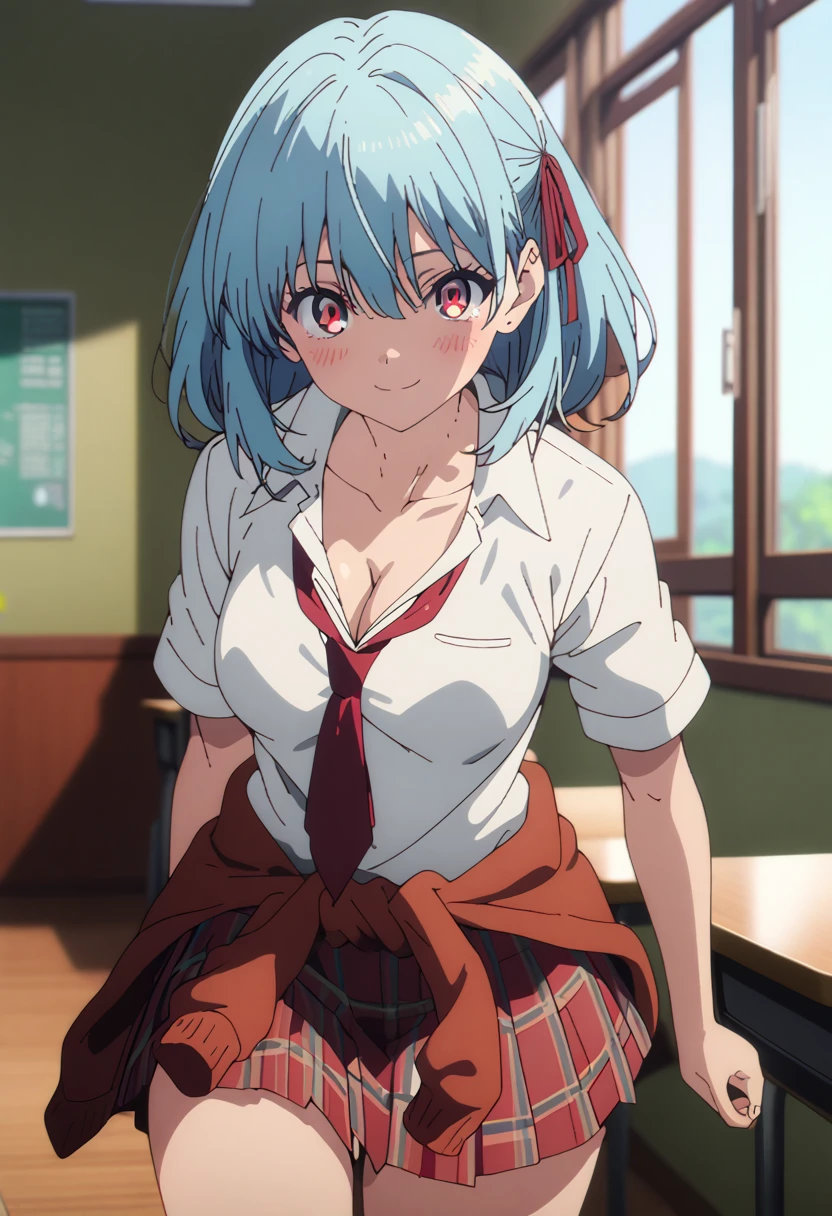cel-shaded, 1990s_anime, detailed, high quality, masterpiece, best quality, very aesthetic, absurdres, anime screencap, miku. 1girl, solo, (red eyes:1.5), detailed eyes, blue hair, medium haur, bangs, hair between eyes, hair ribbons, (red miniskirt:1.5), plaid miniskirt, (white shirt:1.5), (school uniform:1.5), (jacket around waist:1.0), (red tie:1.0), thighs, classroom, windows, floor, medium breasts, blush, smile, sexy, collarbone, cleavage, cowboy shot, from front, leaning back, (looking at viewer:1.0)
