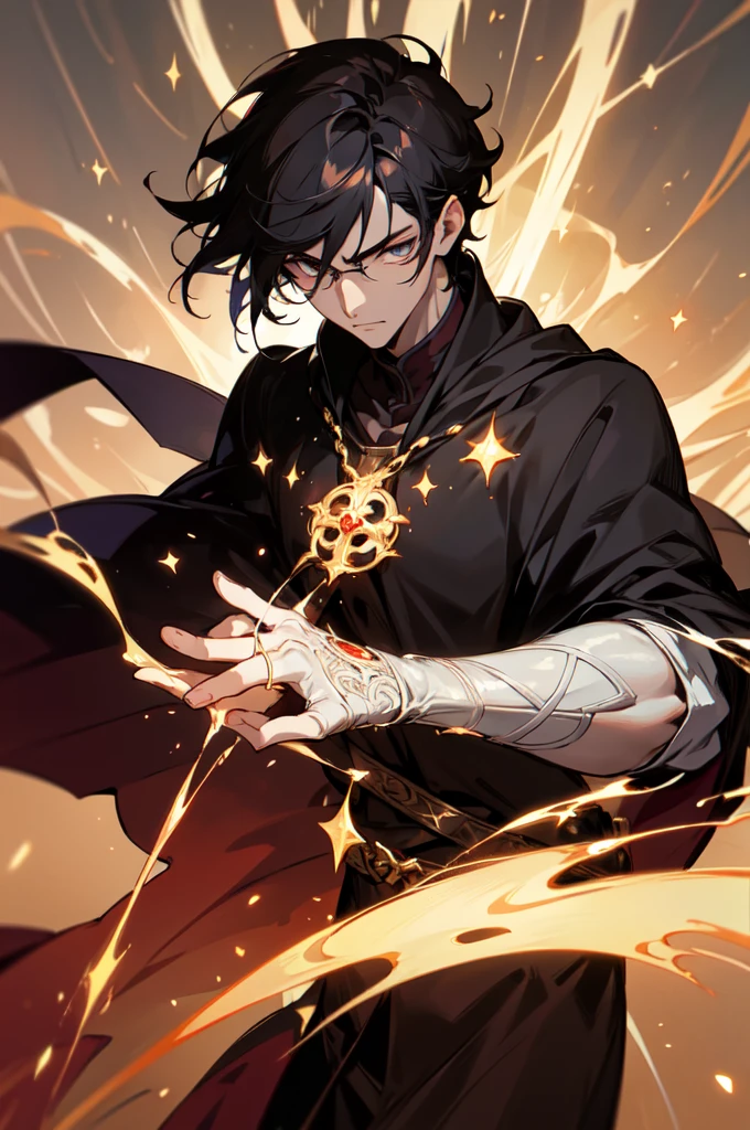 masterpiece, best quality, 1 male, young, tall muscular, handsome, finely detailed eyes, intricate details, black hair, short hair, evil face, solo, upper body, detailed dark shadow background, detailed face, good sorcerer, color magical robes, determined expression, white color scheme, dark crimson light, glowing magical runes, realistic lighting, floating particles, sparks, surrounded by gold lightning red arcane symbols, corrupted by eldritch power, bloom, glasses, gloves