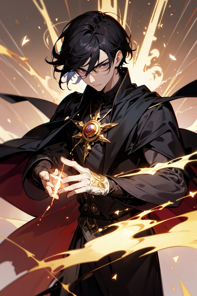 masterpiece, best quality, 1 male, young, tall muscular, handsome, finely detailed eyes, intricate details, black hair, short hair, evil face, solo, upper body, detailed dark shadow background, detailed face, good sorcerer, color magical robes, determined expression, white color scheme, dark crimson light, glowing magical runes, realistic lighting, floating particles, sparks, surrounded by gold lightning red arcane symbols, corrupted by eldritch power, bloom, glasses, gloves