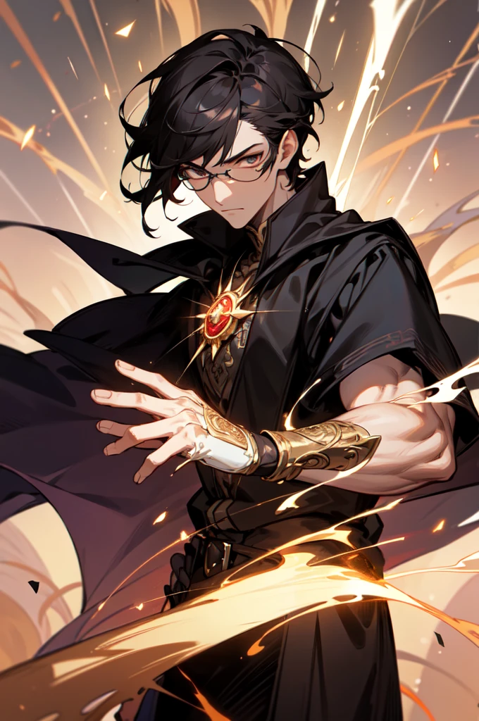 masterpiece, best quality, 1 male, young, tall muscular, handsome, finely detailed eyes, intricate details, black hair, short hair, evil face, solo, upper body, detailed dark shadow background, detailed face, good sorcerer, color magical robes, determined expression, white color scheme, dark crimson light, glowing magical runes, realistic lighting, floating particles, sparks, surrounded by gold lightning red arcane symbols, corrupted by eldritch power, bloom, glasses, gloves