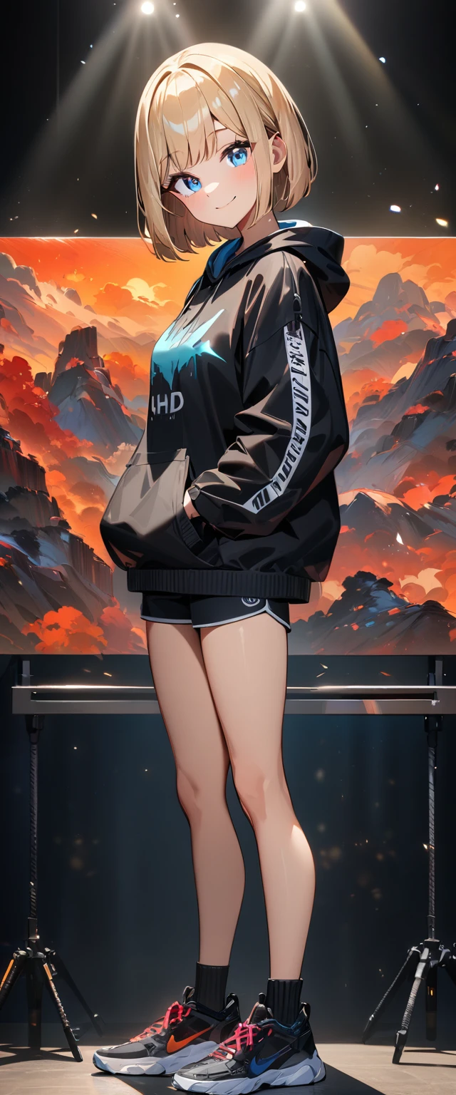 (((One girl))), blond hair, bob cut, (looking at viewer), breasts, ager, head tilt:1.3, (((blue eye))), (from side), hand in pocket, ((happy smile)), black hoodie, black shorts, dark high cut sneakers, black ankle socks, anime style, (best quality, 4k, 8k, highres, masterpiece:1.2, ultra-detailed, ultra-detailed eyes, HDR, UHD, studio lighting, ultra-fine painting, sharp focus, physically-based rendering, extreme detail description, professional, vivid colors, bokeh)
