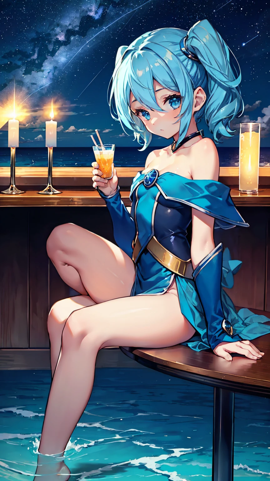 Bar in the sky, 1girl, solo, alone, ,flat chest,blue hair,short twintails,middle hair,sky blue eyes,sitting at bar counter, from side, drinking, (ocean:1.3), candles, starry sky, shooting stars, masterpiece, best quality, ultra detailed,bar