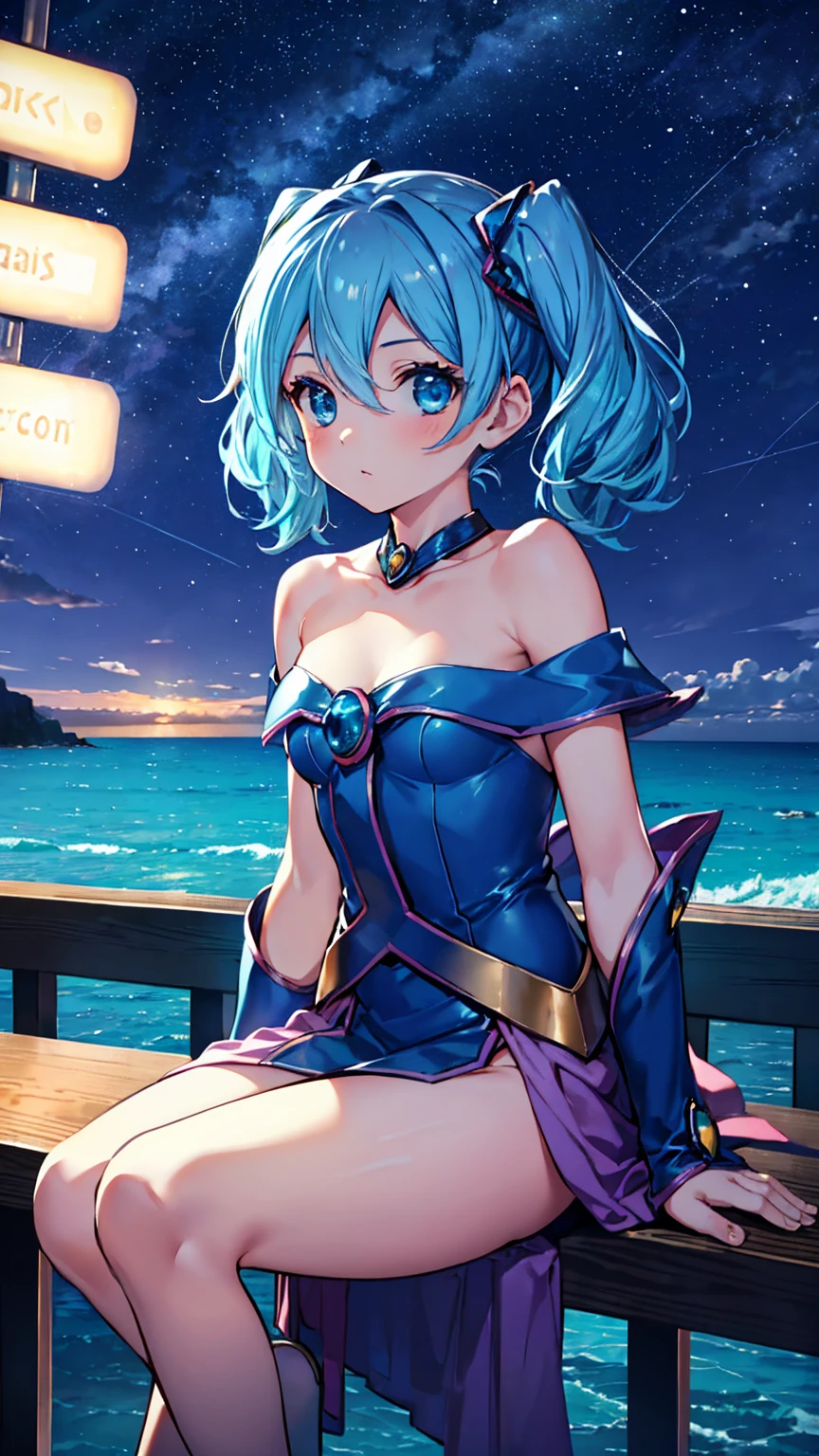Bar in the sky, 1girl, solo, alone, ,flat chest,blue hair,short twintails,middle hair,sky blue eyes,sitting at bar counter, from side, drinking, (ocean:1.3), candles, starry sky, shooting stars, masterpiece, best quality, ultra detailed,bar