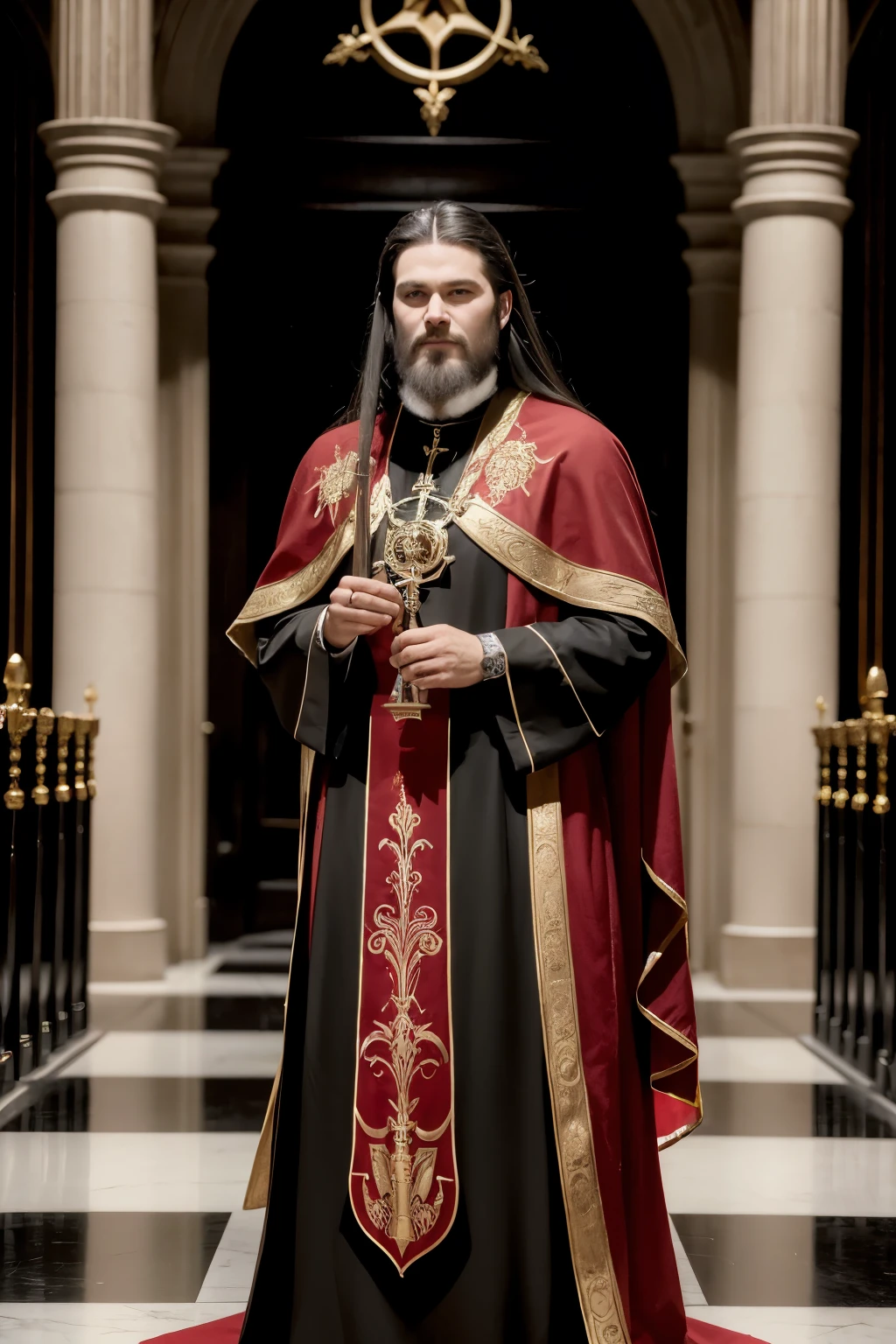 ((melhor qualidade)), ((Obra de arte)), (detalhado), (realista), a ventrue vampire lord, male, long hair, full beard, full body, from head to toe, in the dark ages, looking 36 years old, no glasses, holding a golden long staff with ornaments at the tip, with black and red and gold priest's vestments. Behind the priest a gothic, medieval church from the dark ages.
