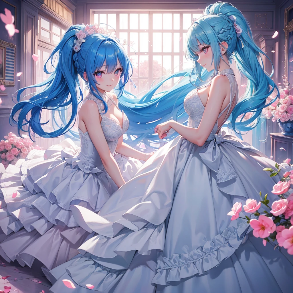 sky Blue hair, (braided ponytail),(pink eyes),fair skin ,(full body),1 girl,smile,Straight Bangs, June Bride,Wedding dress,(masterpiece, best quality, ultra-detailed, best shadow), (detailed background), (beautiful detailed face), high contrast, (best illumination, an extremely delicate and beautiful), ((cinematic light)), colorful, hyper detail, dramatic light, intricate details,Wedding hall,