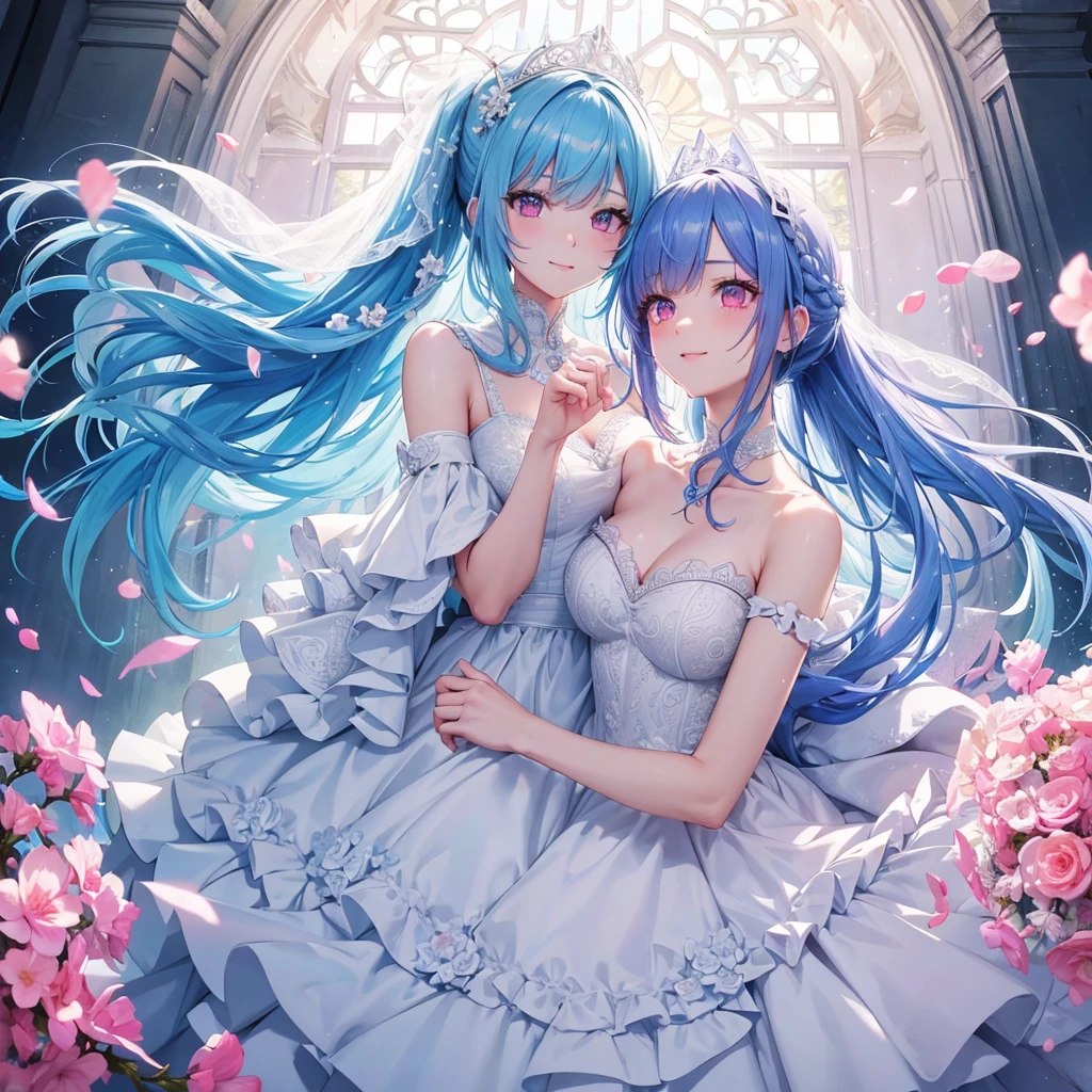 sky Blue hair, (braided ponytail),(pink eyes),fair skin ,(full body),1 girl,smile,Straight Bangs, June Bride,Wedding dress,(masterpiece, best quality, ultra-detailed, best shadow), (detailed background), (beautiful detailed face), high contrast, (best illumination, an extremely delicate and beautiful), ((cinematic light)), colorful, hyper detail, dramatic light, intricate details,Wedding hall,