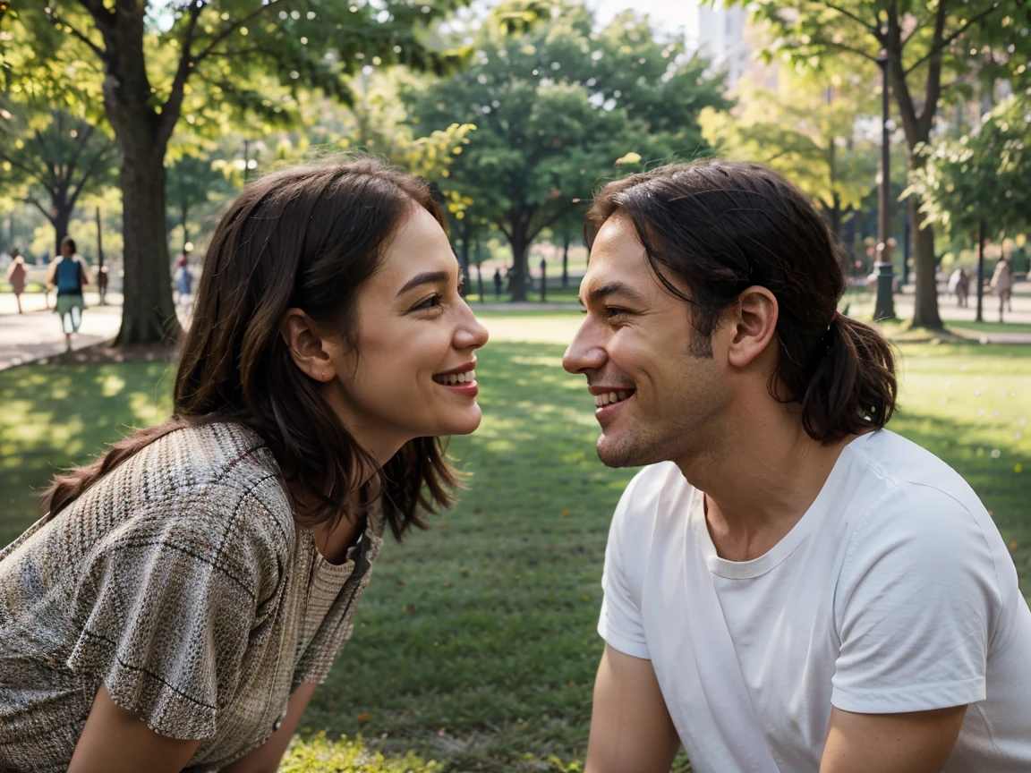 they are looking at each other and smiling together in the park, netflix, # film, movie, perfect scene, movie clip, high quality film still, highlight scene of the movie, inspired by John Luke, summer, profile shot, still from the movie, high quality movie still, summertime, smiling at each other, summer season, trailer, movie promotional image, movie still