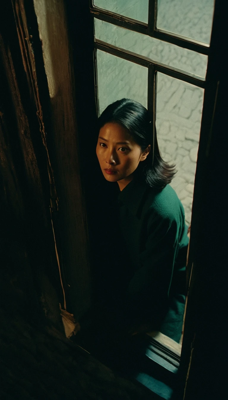 Extreme high angle shot from above, woman, looking at camera, drama movie, movie still, lighting through window, shadows on face, wong kar wai color palette 
