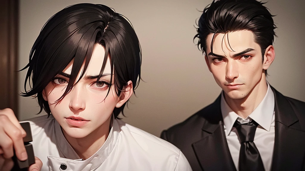 A man with black hair, black eyes, a sadistic face, mouth full of blood. There was blood all over his body, holding a kitchen knife, wearing a chef's uniform. The person standing next to him was a man with brown hair and brown eyes, his face looking frightened. wearing a black suit