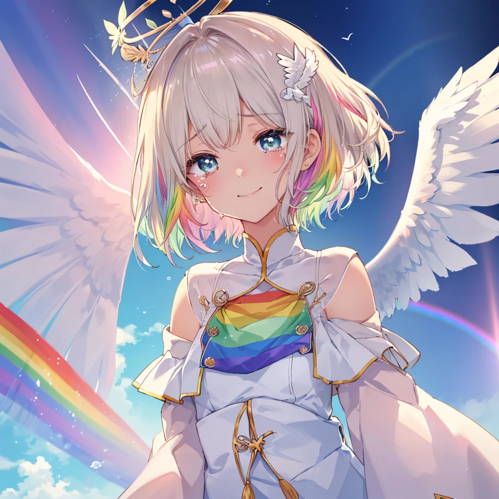 (((Extreme close-up tears smile Low - Angle Dove of peace Angel Halo))) ((輝くtears Rainbow Eyes Short Hair Receiving the light Rainbow light Place your hand on your chest Aurora Stretch your hand out towards me)) (Shining Edge Pillar of Light)