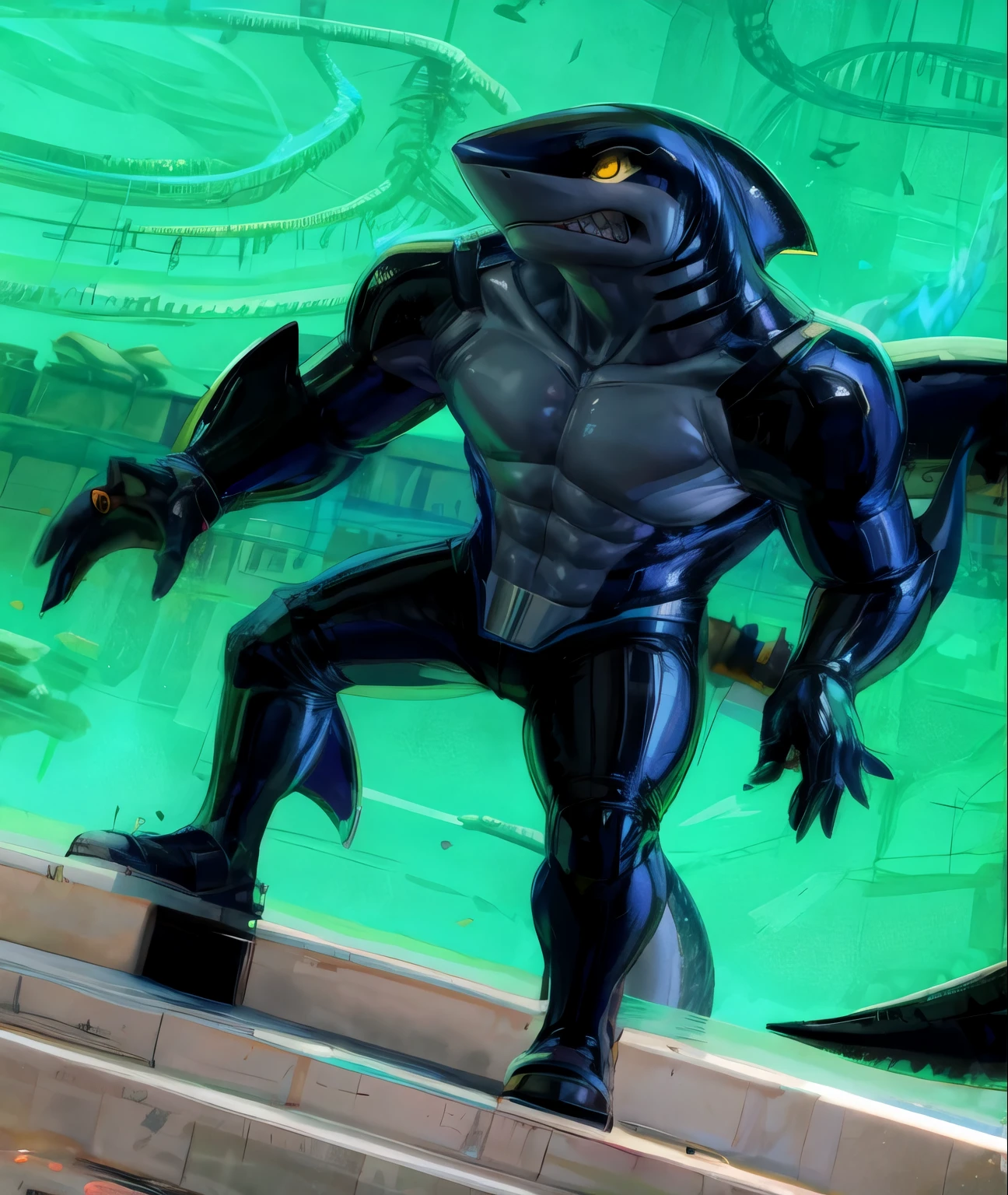 A humanoid shark creature stands tall, its yellow eyes gleaming with intensity as it showcases its sharp, clenched teeth. The male focus is centered on the subject's powerful physique, set against a vibrant, enhanced bright background that accentuates its otherworldly features. Art by TakahiroSi.cartoon style,detail_body,4k,high_resolution,masterpiece,smooth body