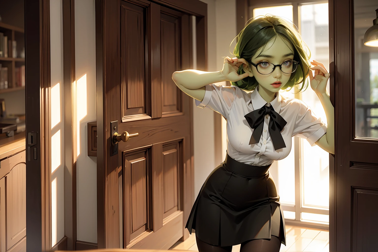 ((best quality)), ((masterpiece)), (detailed), perfect face, ((green skin)), pointy ears, very shy, tiny breasts, wearing black rimmed glasses, short dark hair, wearing white blouse and black skirt and black pantyhose and back pumps, (night outside), carrying purse, in an office building, heading for the door to go home, business attire, perfect hands, dynamic pose, soft lighting