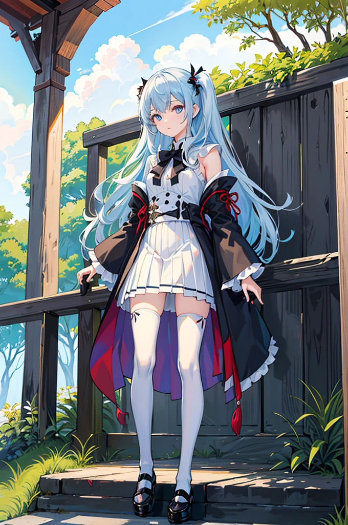 1girl,  solo, outdoors, long hair, holy place, Original,(Illustration:1.1),(Best Quality),(masutepiece:1.1),(the Extremely Detailed CG Unity 8K Wallpapers:1.1), (Colorful:0.9),(mid-shot:0.95),(extremely detailed beautiful face),(Solo:1.2), (girl),(((Lori))), (Detailed beautiful eyes:1.15), (Beautiful face:1.15), (Glowing blue eyes:1.25////),(((sky blue Long Hair))),(two side up),(+perfect hand+:1.21),(Draw illustration of Japan priestess costume),(slender),(White pleated skirt),(Gothic),((black thighhighs)),(frilld),(Beautiful Slender Lolita Girl),hallowween,standing, girl,,  girl,foggy place,vampire,