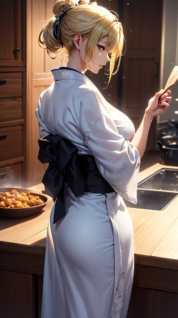 masterpiece, high quality, 4K, Beautiful design, silhouette,blonde, Very detailed,kitchen, wonderful, Finer details, Very knowledgeable woman, Very detailedなソロ, 1 female,Big Breasts,Butt,Underwear Line,Yukata in white color,cooking,
