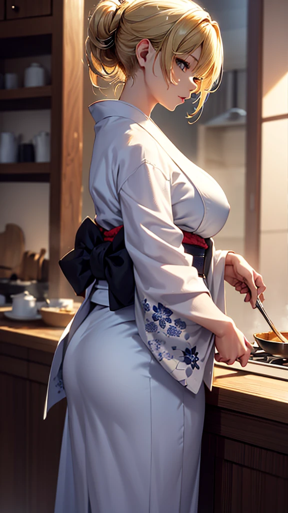 masterpiece, high quality, 4K, Beautiful design, silhouette,blonde, Very detailed,kitchen, wonderful, Finer details, Very knowledgeable woman, Very detailedなソロ, 1 female,Big Breasts,Butt,Underwear Line,Yukata in white color,cooking,