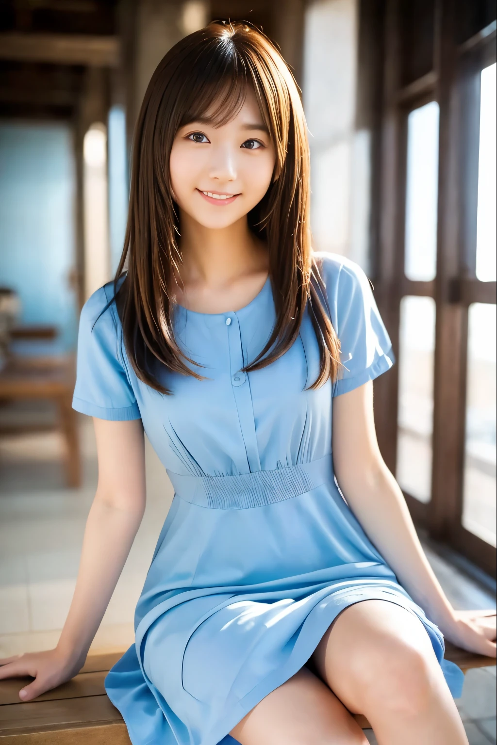 Woman sitting on a bench by the lake、Beauty、Well-formed face、Uniform eyes、20 years old、university student、(((Wearing a long light blue dress)))、Wearing white panties、Wearing pumps、Smiling、Hands in front、Well-balanced proportions、Perfect blue sky、Medium build、Small face、Small Bust、, light brown hair, crossed bangs, straight hair, floating hair, seductive smile, shiny hair, expressive hair, Surrealism, Verism, cinematic lighting, tachi-e, first-person view, Nikon, UHD, anatomically correct, textured skin, high details, best quality, highres, 8k