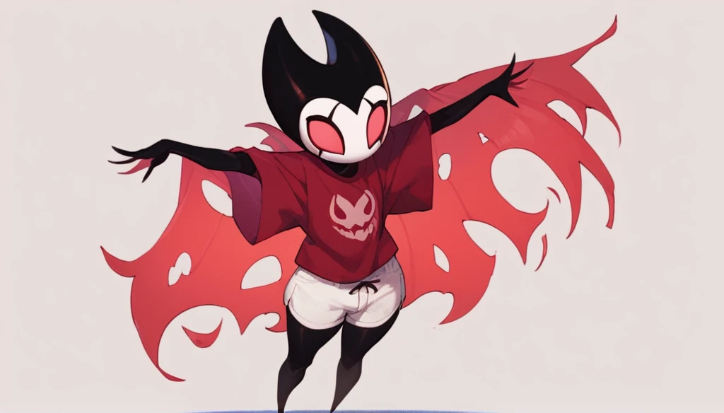 score_9, score_8_up, score_7_up, score_6_up, zPDXL2, grimm \(hollow knight\), vampire, bat, 1boy, solo, cute face, detailed eyes, red t-shirt, white shorts, male focus, thick thighs