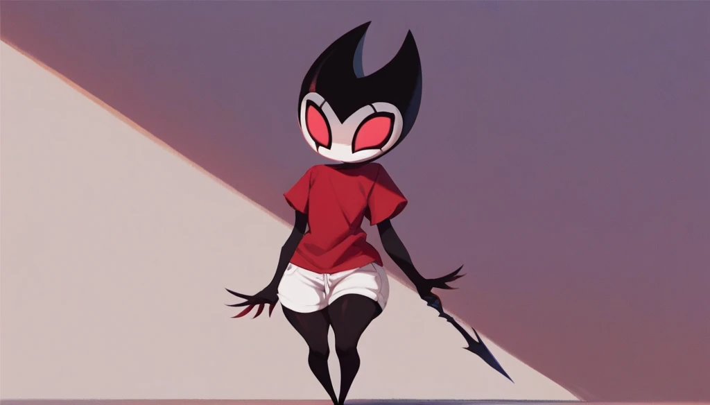 score_9, score_8_up, score_7_up, score_6_up, zPDXL2, grimm \(hollow knight\), vampire, bat, 1boy, solo, cute face, detailed eyes, red t-shirt, white shorts, looking at viewer, curvy, full body portrait, thick thighs