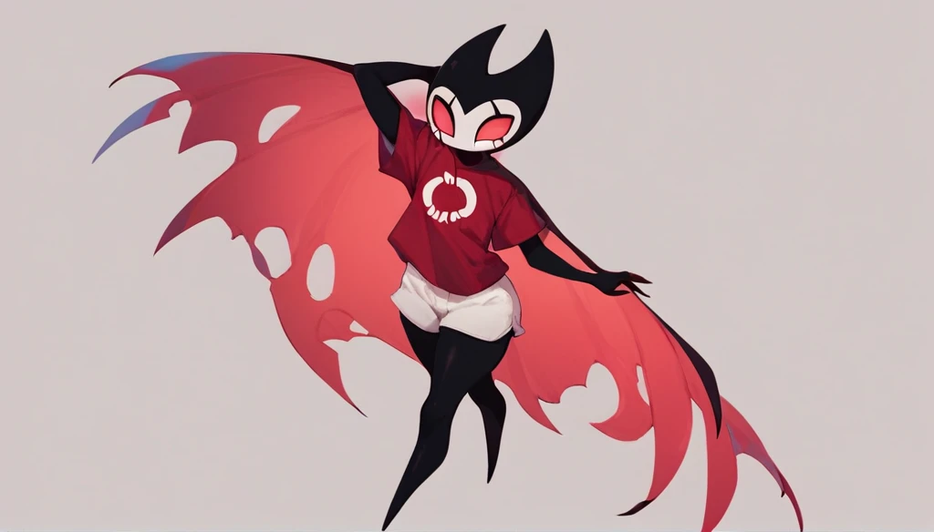 score_9, score_8_up, score_7_up, score_6_up, zPDXL2, grimm \(hollow knight\), vampire, bat, 1boy, solo, cute face, detailed eyes, red t-shirt, white shorts, looking at viewer, curvy, full body portrait, thick thighs