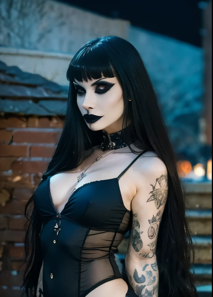 (masterpiece,detailed,highres:1.4) , model shot, close up, detailed face, fine detailed eyes, The most beautiful gothic girl in the world, ((long black hair with fringe, goth makeup)), ((hot Body)), hips, form fitting clothing, pantyhose, ((dark cemitery background, night, under The moonlight)), gothic theme, gothic clothing, natural lighting. UHD, accurate, textured skin, super detail, high details, high quality, highres, 1080P, 4K
