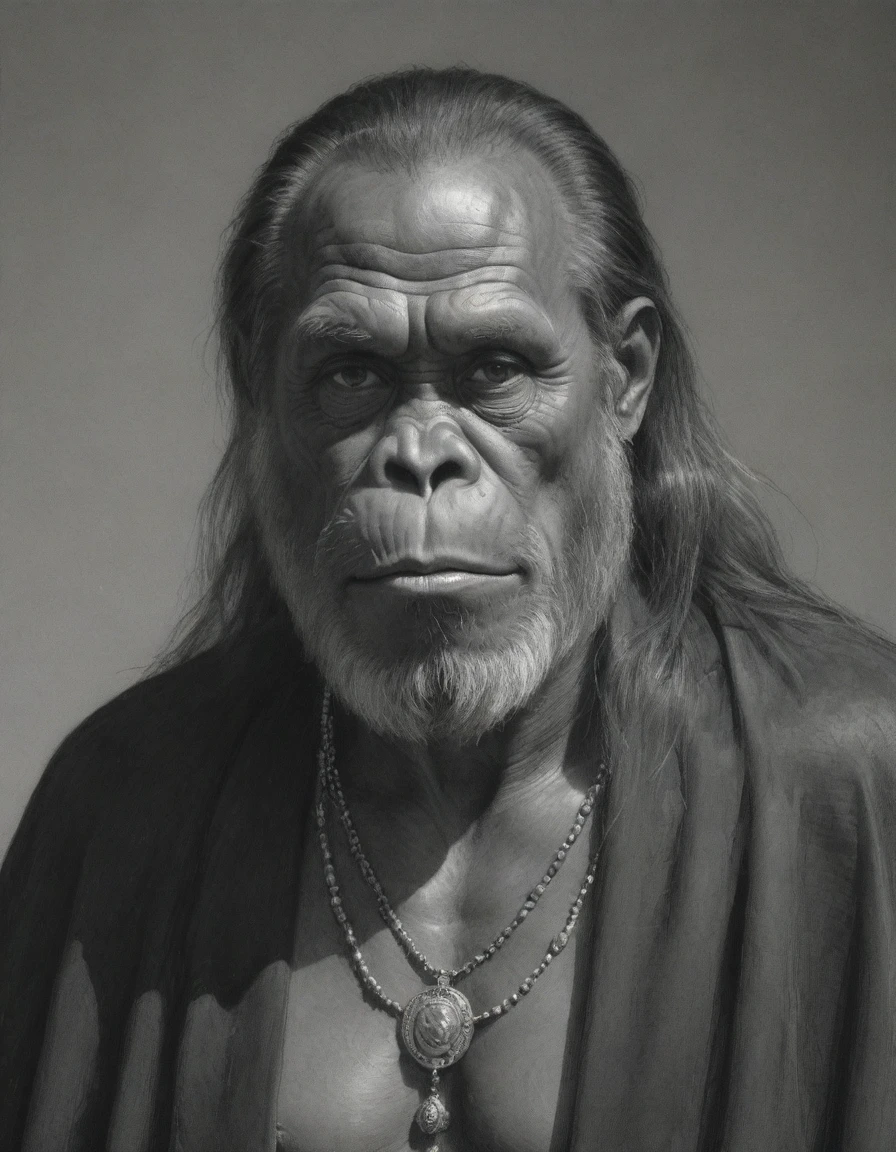(by Moebius Jean Giraud), (((Rough monochrome drawing, gray scale, Linear style, hand drawn, coal sketch on paper))), portrait of an orangutan human priest, long blond hair, wearing beads and pendants of moth jewelry, who is solemn, upright, posing arrogantly, smug, insane, wearing a golden black robe covering his entire body, with hanfu elements, with a long cape, psychedelic background