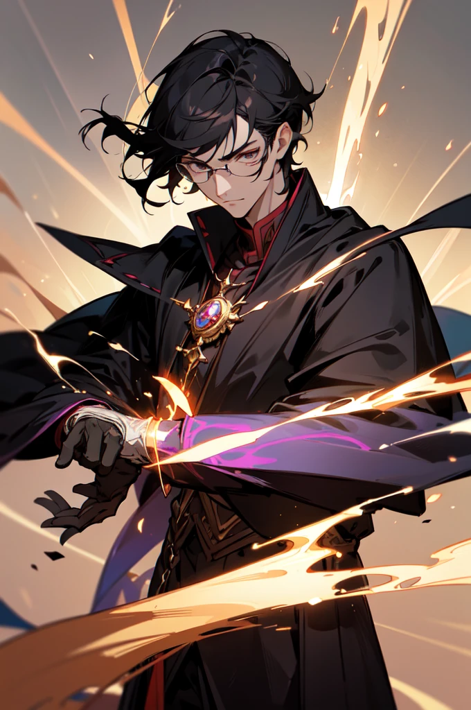 masterpiece, best quality, 1 male, young, tall muscular, handsome, finely detailed eyes, intricate details, black hair, short hair, evil face, solo, upper body, detailed dark shadow background, detailed face, good sorcerer, color magical robes, determined expression, white color scheme, dark crimson light, glowing magical runes, realistic lighting, floating particles, sparks, surrounded by gold lightning red arcane symbols, corrupted by eldritch power, bloom, glasses, gloves