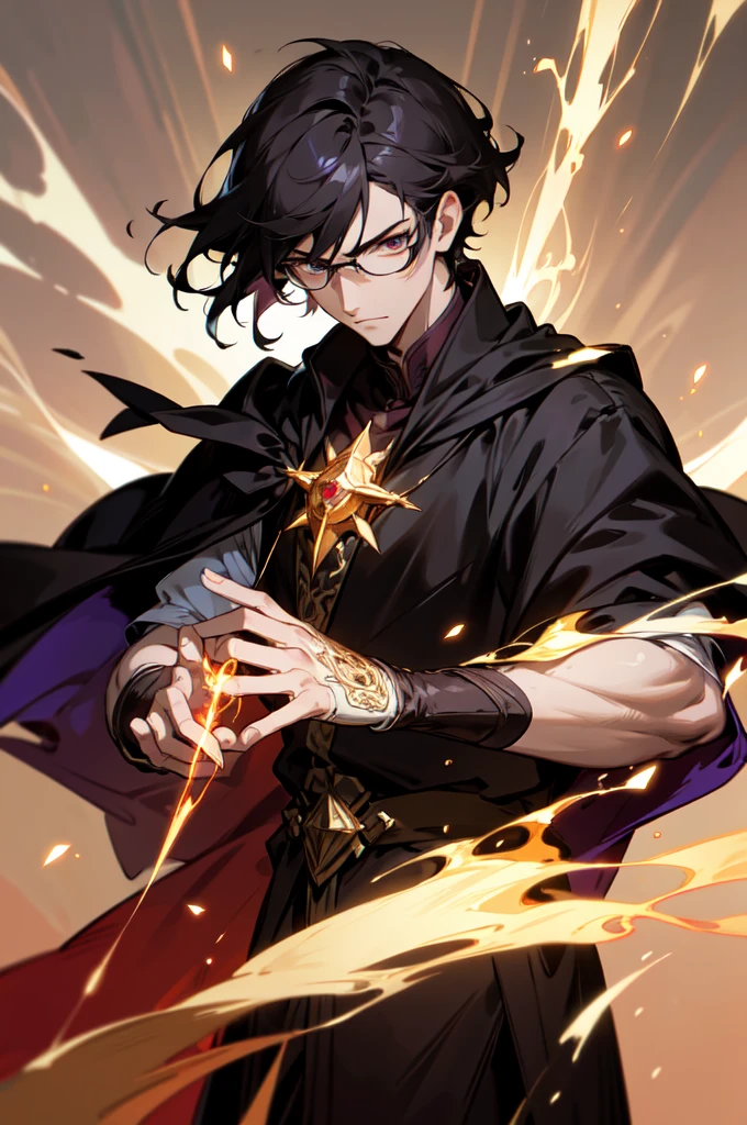 masterpiece, best quality, 1 male, young, tall muscular, handsome, finely detailed eyes, intricate details, black hair, short hair, evil face, solo, upper body, detailed dark shadow background, detailed face, good sorcerer, color magical robes, determined expression, white color scheme, dark crimson light, glowing magical runes, realistic lighting, floating particles, sparks, surrounded by gold lightning red arcane symbols, corrupted by eldritch power, bloom, glasses, gloves