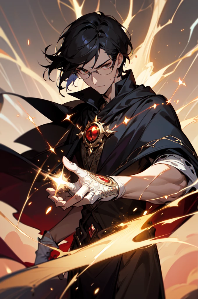 masterpiece, best quality, 1 male, young, tall muscular, handsome, finely detailed eyes, intricate details, black hair, short hair, evil face, solo, upper body, detailed dark shadow background, detailed face, good sorcerer, color magical robes, determined expression, white color scheme, dark crimson light, glowing magical runes, realistic lighting, floating particles, sparks, surrounded by gold lightning red arcane symbols, corrupted by eldritch power, bloom, glasses, gloves