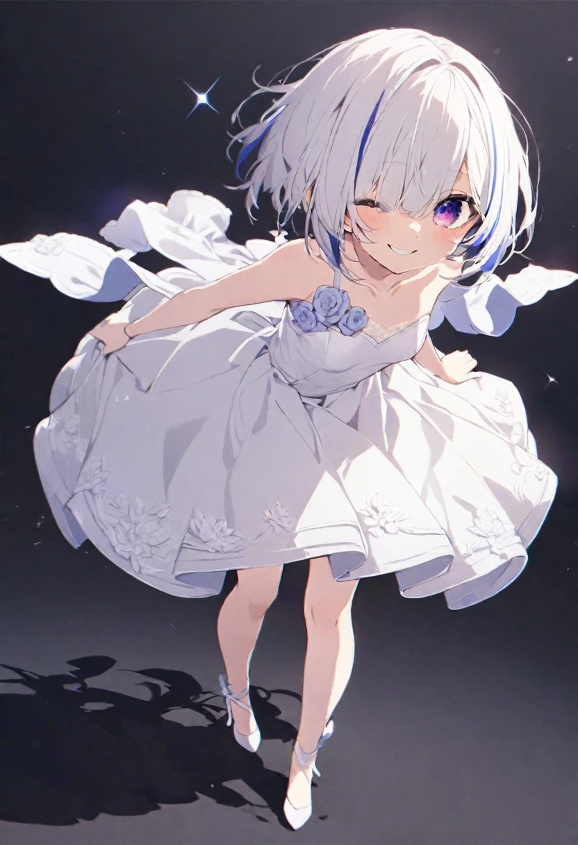 (muste piece), (best quality), very detailed eyes, expressive eyes, perfect face, very detailed face, highly detailed face, beautiful girl, (solo full body shot:1.3), 8K, beautiful girl, white background background, delicate and beautiful face and eyes, dark intense shadow,
1 girl, vtuber style, cool girl, hololive,amane kanata, streaked hair, short hair, Wedding dress, small chest, cropped shoulders, clavicle, one eye close winking, smile, body visible through clothes, chest visible through clothes, (full body), looking at viewer, standing,