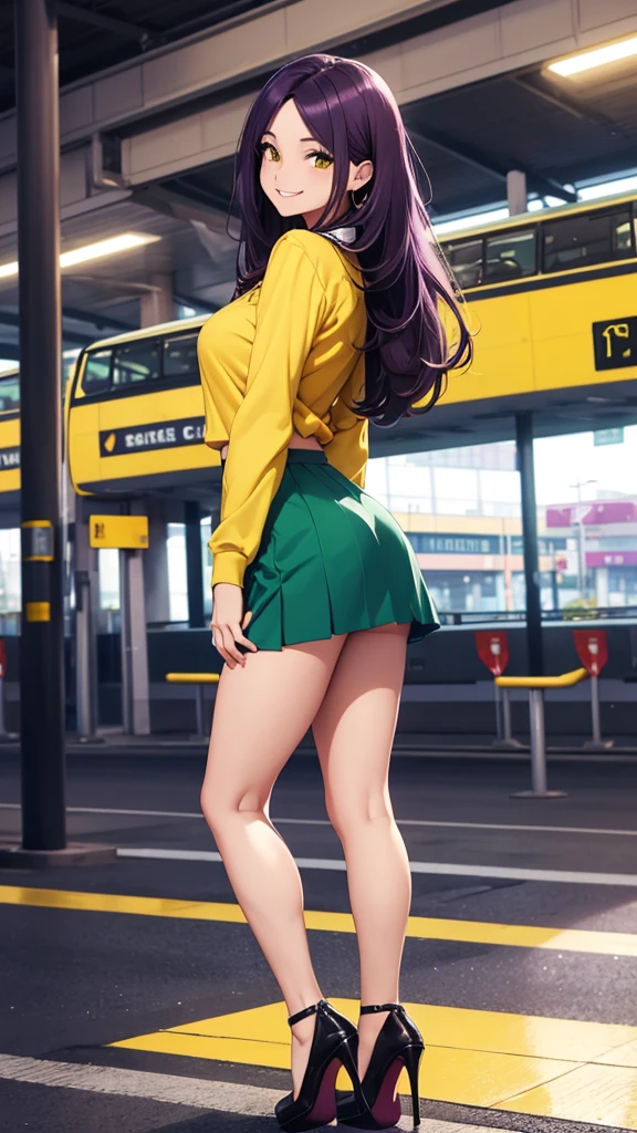 Beautiful Woman, Full Body, Showing Butt, Long Hair, Dark Purple Hair, Green Mini Skirt, Yellow Shirt High Heels, Smiling, Yellow Eyes, Bus Station Background