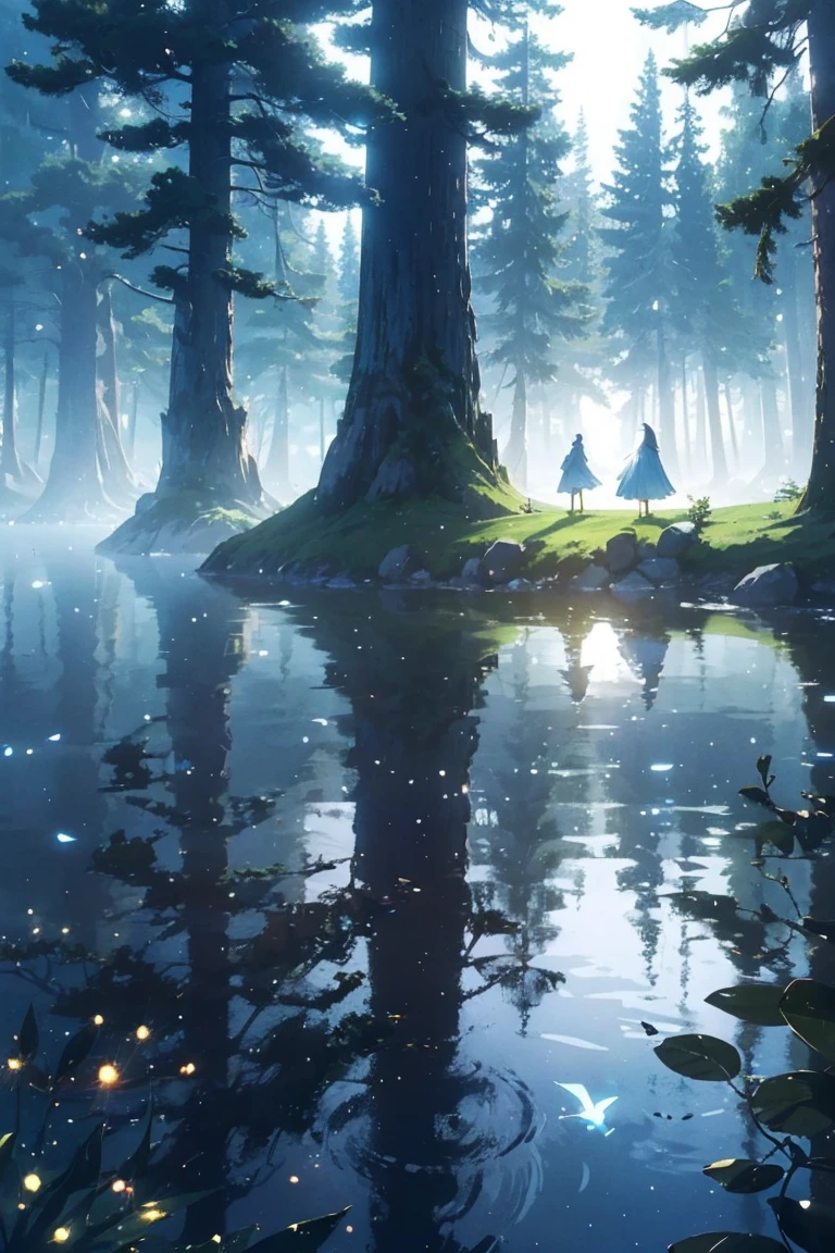 "Create an image of Billie Eilish standing in the middle of a serene lake, surrounded by tall, majestic trees. The scene is ethereal and peaceful, with blue birds gracefully flying around her, adding a touch of whimsy and magic. The lighting is soft, with a gentle glow that enhances the tranquil atmosphere. Billie Eilish's expression should reflect a sense of calm and wonder, blending harmoniously with the natural surroundings