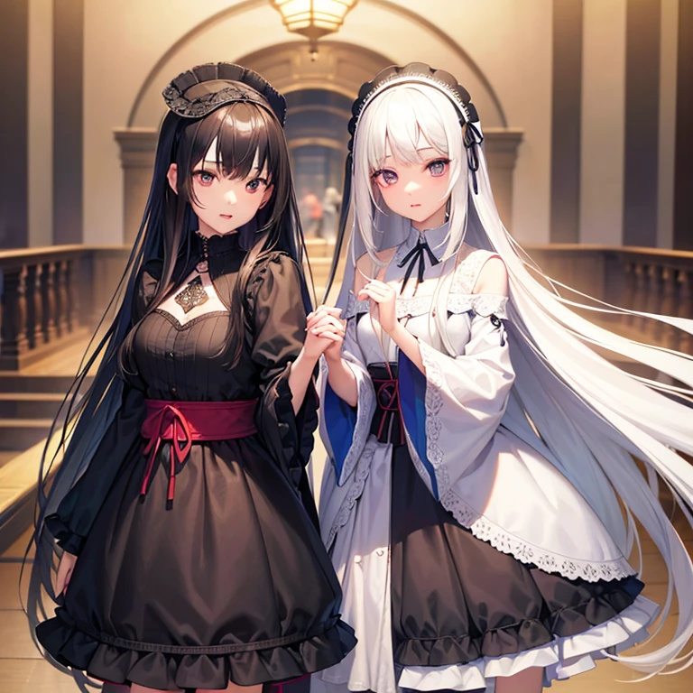 (best quality), (Masterpiece:1.2), (realistic, photo-realistic:1.2), (Highly Detailed Face and Skin Texture), (Shooting from the front:1.1), (20 years old Japanese idol), Two Women, cute face, Whitening Skin, Double Eyelids, (Absurdly Long Hair:1.5), (slim figure), (flat bust:0.9), long legs, (Black Straight Hair), (Gothic Lolita couple), Two people standing facing each other, whole body, Two people join hands, They're in the wind