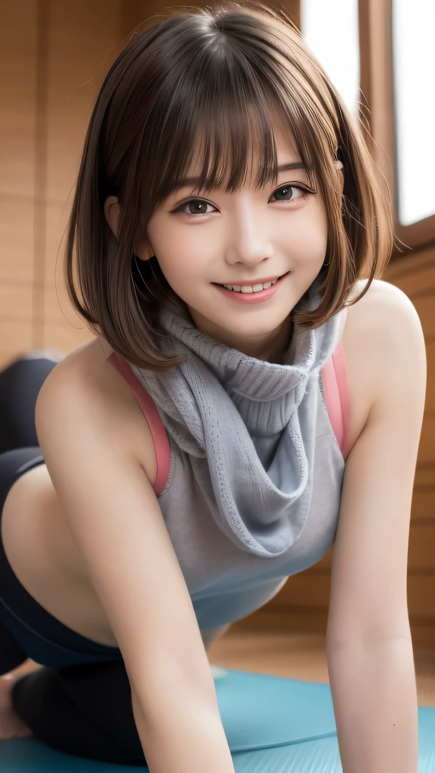 closeup shot , Best picture quality (8K, high resolution, Masterpiece: 1.2), super detailed,  215 Short Hair, -yeld wo, 

situation: Morning yoga scene with sunrise on a tranquil beach。
clothing: Yoga Wear（Tank tops and leggings）、barefoot、A lightweight scarf or hoodie。
angle: With the sunlight of the sunrise shining through the coast as a background、Shooting yoga poses at a wide angle。Close-up of the moment the sun rises、Shows her stretching on a yoga mat。The beauty and serenity of sunrise、And express the relaxing feeling of yoga。

Close-up of face 

, random cute pose ,big eyes ,Puffy eyes ,  Heart Pupil, blush  , huge shy smile , salute

