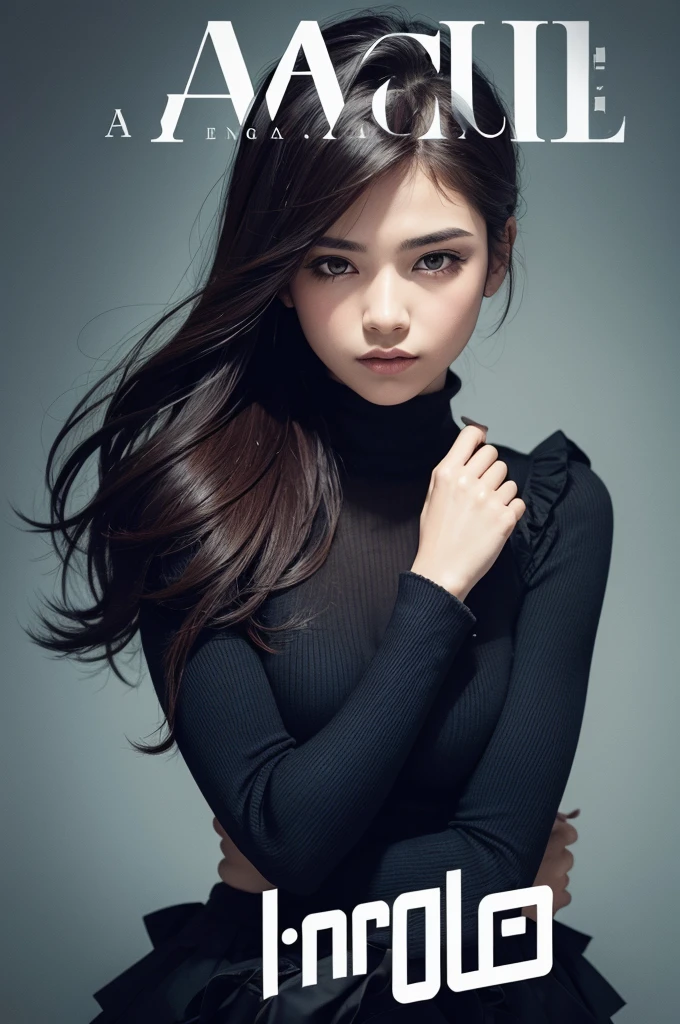 Professional photograph of a 28 years old pretty girl with grey eyes, black middle-length curly hair, slightly open mouth and pale skin with a rosy complexion. Dressed in a black turtleneck sweater. Facing slightly to the right, turning the head towards the camera ,tiffen soft contrast filter effect, Muted background.