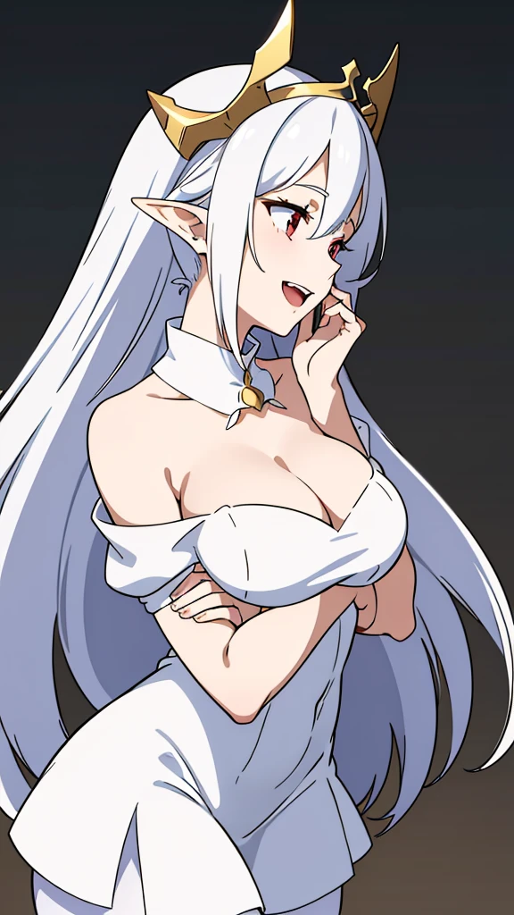 1girl,20s,solo,white short dress,white hair,long hair,elf ears,horns,white pantyhose,cleavage,red eyes,gold tiara,((no background)),talking,happy,smile,open mouth,profile,hand_on_own_cheek,looking to side,head up