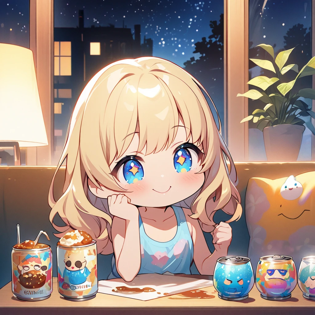 masterpiece、Highest quality、Depth of subject、２D illustration、1 beautiful girl、独奏, (((chibi style)))、((night)), ((window)), ((starry sky)), Long, beautiful hair、shiny blonde hair、cute、Beautifully detailed eyes、((Tank top))、a glass of blue soda, ((colorful))、mini skirt、((happy smile))、((Canned Chuhai)), ((close up shot))、((eating curry)), ((in the room))、((There&#39;s a lot of pink around))、Thighs、((vivid color))、sparkle、((Lens flare))、