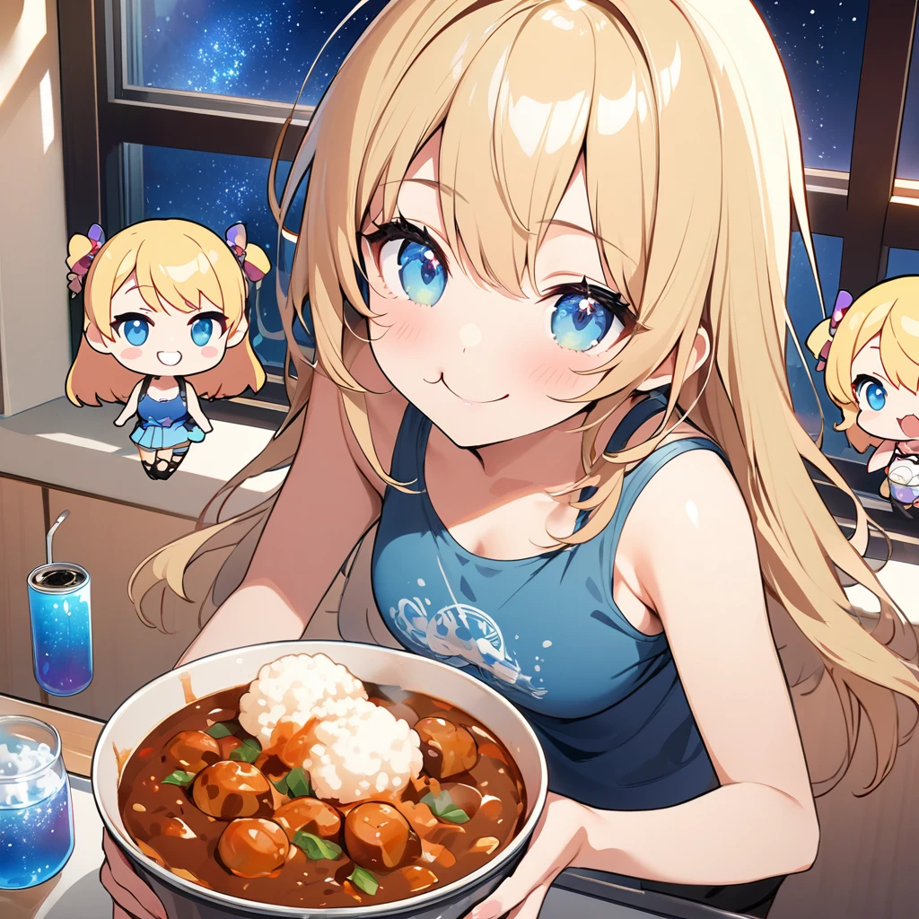 masterpiece、Highest quality、Depth of subject、2D illustration、1 beautiful girl、独奏, (((chibi style)))、((night)), ((window)), ((starry sky)), Long, beautiful hair、shiny blonde hair、cute、Beautifully detailed eyes、((Tank top))、a glass of blue soda, ((colorful))、mini skirt、((happy smile))、((Canned Chuhai)), ((close up shot))、((eating curry)), ((in the room))、((There's a lot of pink around))、Thighs、((vivid color))、sparkle、((Lens flare))、