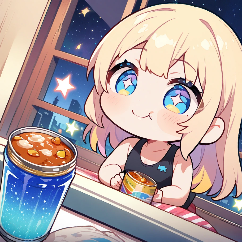 masterpiece、Highest quality、Depth of subject、２D illustration、1 beautiful girl、独奏, (((chibi style)))、((night)), ((window)), ((starry sky)), Long, beautiful hair、shiny blonde hair、cute、Beautifully detailed eyes、((Tank top))、a glass of blue soda, ((colorful))、mini skirt、((happy smile))、((Canned Chuhai)), ((close up shot))、((eating curry)), ((in the room))、((There&#39;s a lot of pink around))、Thighs、((vivid color))、sparkle、((Lens flare))、