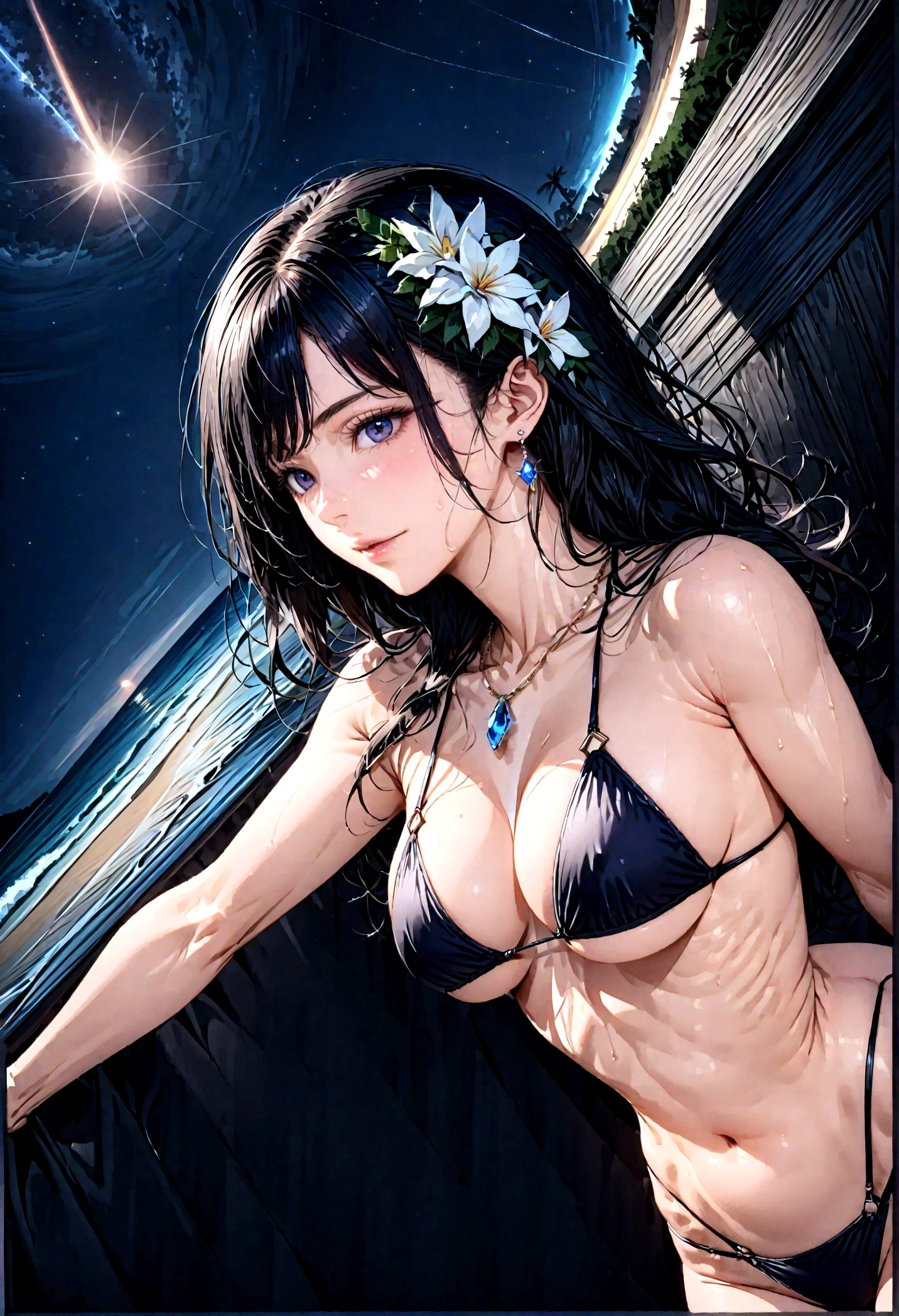 8k, masterpiece, RAW Photos, highest quality, Realistic, Very detailed, Depth of written boundary, Cinematic Light, Anatomically correct body,
(One beautiful 40 year old elegant mature woman:1.4), Very beautiful face, Exquisitely detailed face, (A calm and gentle face:1.4), Very delicate skin texture, Transparent muscle, Shiny white skin, Glamorous Body,
(Wavy black long hair:1.2), Sexy Breasts, Sexy ass,
(Brazilian Bikini:1.4), (Detailed cloth texture:1.2), (Body chain accessory with detailed jewel studded embellishments:1.3), (Gorgeous necklace:1.1), (Gorgeous earrings:1.1),
(Dark starry background:1.4), (Milky Way:1.1), (milky way:1.1), (shooting star:1.1), (Dark coastline at night:1.4), (Pitch black sea surface:1.4),
(Standing on the beach:1.2),
(Low angle shot:1.8),