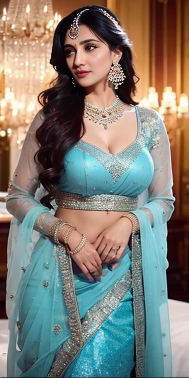a close up of a woman in a blue dress standing in front of a chandelier, intricate sparkling atmosphere, movie screen shot, beautiful lighting effects, still shot from movie, stunning cinematography, shot from movie, beaded curtains, movie filmstill, still from a terence malik film, cinematic shot!, beautiful cinematography, visually stunning scene, glowing drapes, movie screenshot, lehenga with choli,blue transparent dupatta on head, large breasts, Big , sexy figure, sexy stomach showing, in Firstnight of marriage bedroom , super crazy hairstyles, beautiful long hairs, crazy long hairs, super long hairs, long hair, crazy long hairs, super long hairs , Long wavy hairstyle