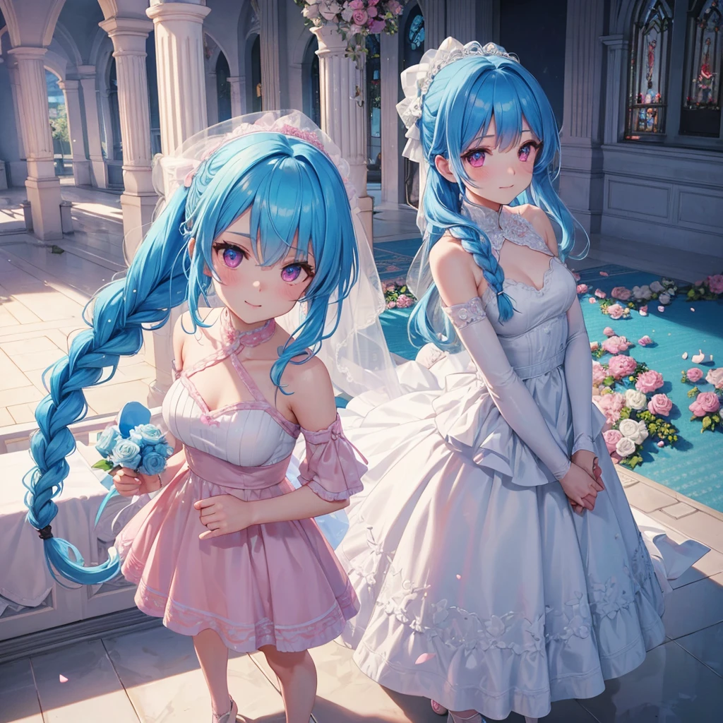Sky blue hair, (Braided Ponytail),(Pink Eyes),Fair skin ,(whole body),(One girl),bride,A big smile,Straight bangs, 6月のbride,Wedding dress,(masterpiece, Highest quality, Very detailed, Best Shadow), (Detailed Background), (Beautifully detailed face), High Contrast, (Best lighting, Very delicate and beautiful), ((Cinematic Light)), colorful, Hyper Detail, Dramatic Light, Intricate details,Chapel background,A bouquet of roses in the right hand,Ring on left ring finger,
