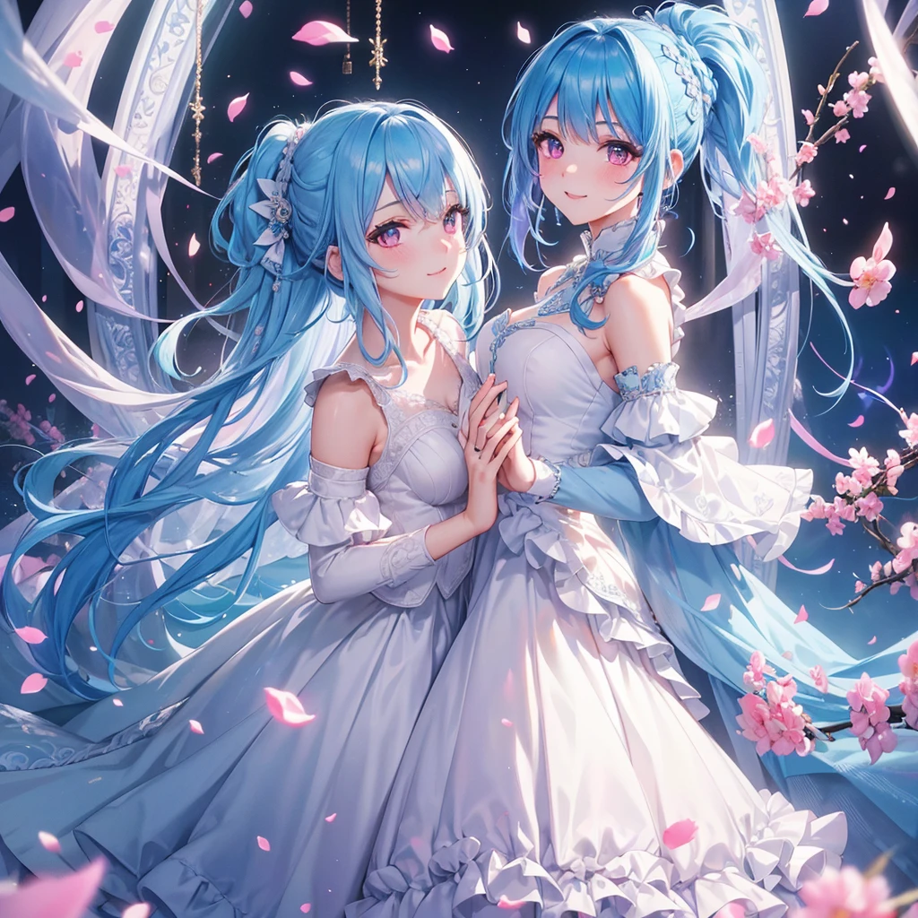 sky Blue hair, (braided ponytail),(pink eyes),fair skin ,(full body),(1 girl),bride,soro,smile,Straight Bangs, June Bride,Wedding dress,(masterpiece, best quality, ultra-detailed, best shadow), (detailed background), (beautiful detailed face), high contrast, (best illumination, an extremely delicate and beautiful), ((cinematic light)), colorful, hyper detail, dramatic light, intricate details,Wedding hall,