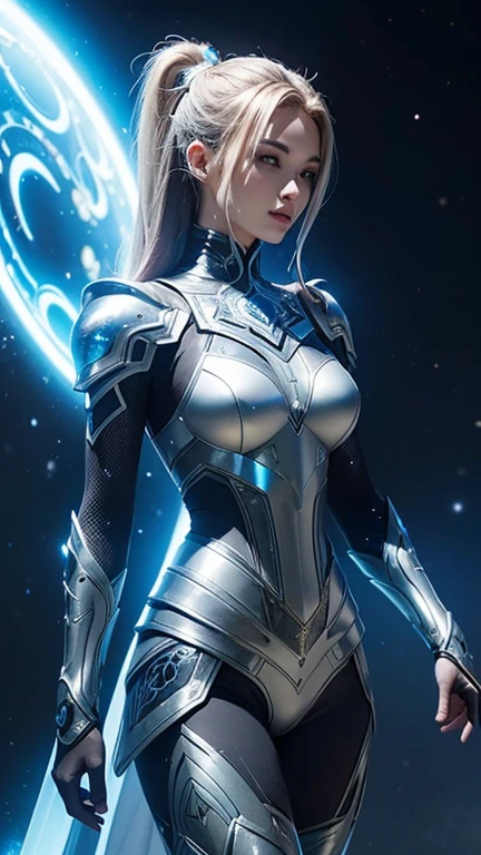 A stunning female knight dressed in intricate and beautifully crafted futuristic armor, holding a gleaming energy sword. She wears a mix of sleek metallic and synthetic materials, intricately designed to showcase both elegance and strength. The armor features advanced technological patterns and glowing embellishments, highlighting her status as a gorgeous and powerful space paladin. Her presence is both fierce and graceful, embodying the essence of a sci-fi warrior in a futuristic space setting.