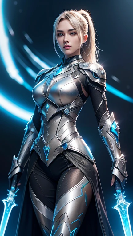 A stunning female knight dressed in intricate and beautifully crafted futuristic armor, holding a gleaming energy sword. She wears a mix of sleek metallic and synthetic materials, intricately designed to showcase both elegance and strength. The armor features advanced technological patterns and glowing embellishments, highlighting her status as a gorgeous and powerful space paladin. Her presence is both fierce and graceful, embodying the essence of a sci-fi warrior in a futuristic space setting.