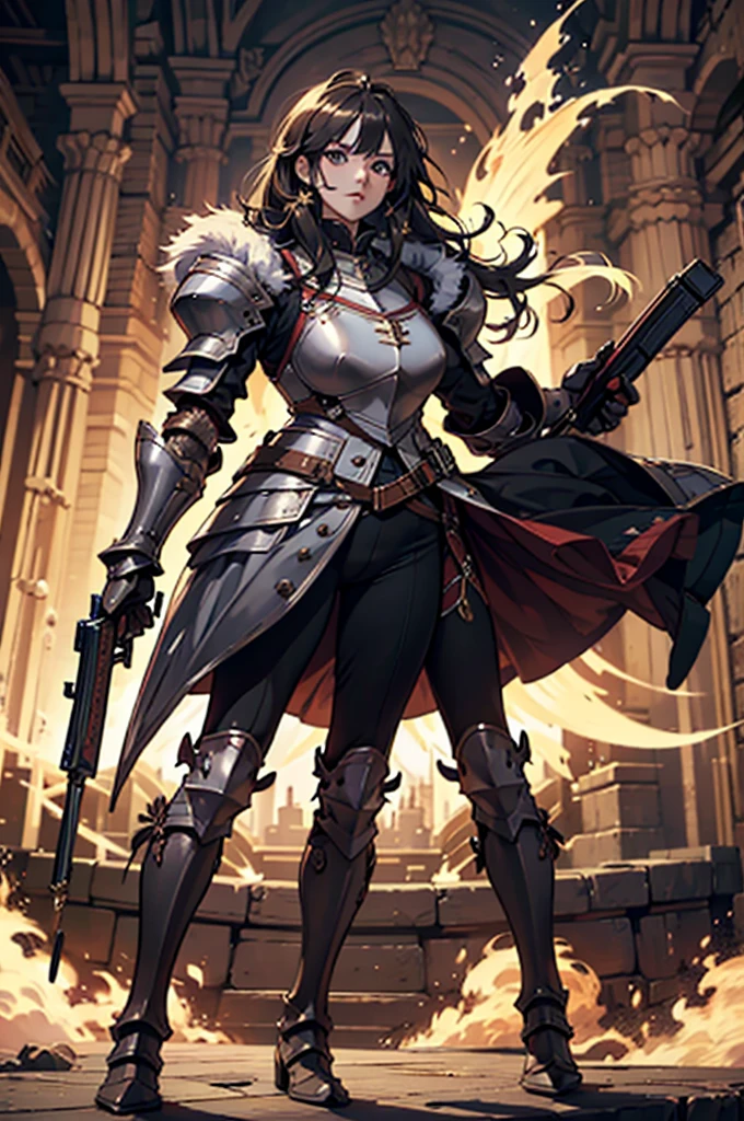 Game character standing drawing design,Disney animation,style of disney animation,an heavyknight,Quaint and heavy armor,Fur shoulders,Stout limbuscle explosions,Equipped with huge riding guns,Different layers overlay,Different angles,(Left view full body:1.4),solid color backdrop,clean backdrop,depth of fields,high light,Real light,Ray traching,OC renderer,UE5 renderer,Hyper-realistic,best qualtiy,8K,Works of masters,super-fine,Detailed pubic hair,Correct anatomy,