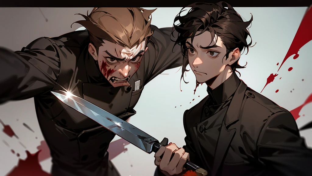 A man with black hair, black eyes, a sadistic face, covered in blood, holding a kitchen knife, wearing a chef's uniform. The person standing next to him was a man with brown hair, brown eyes, and his face looked frightened. wearing a black suit